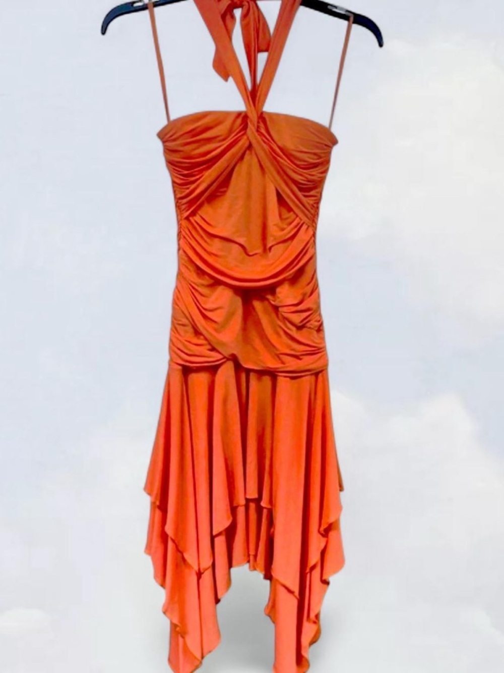BCBGMaxAzria Vintage Orange Halter Asymmetrical Draped Dress Hankerchief Hem
